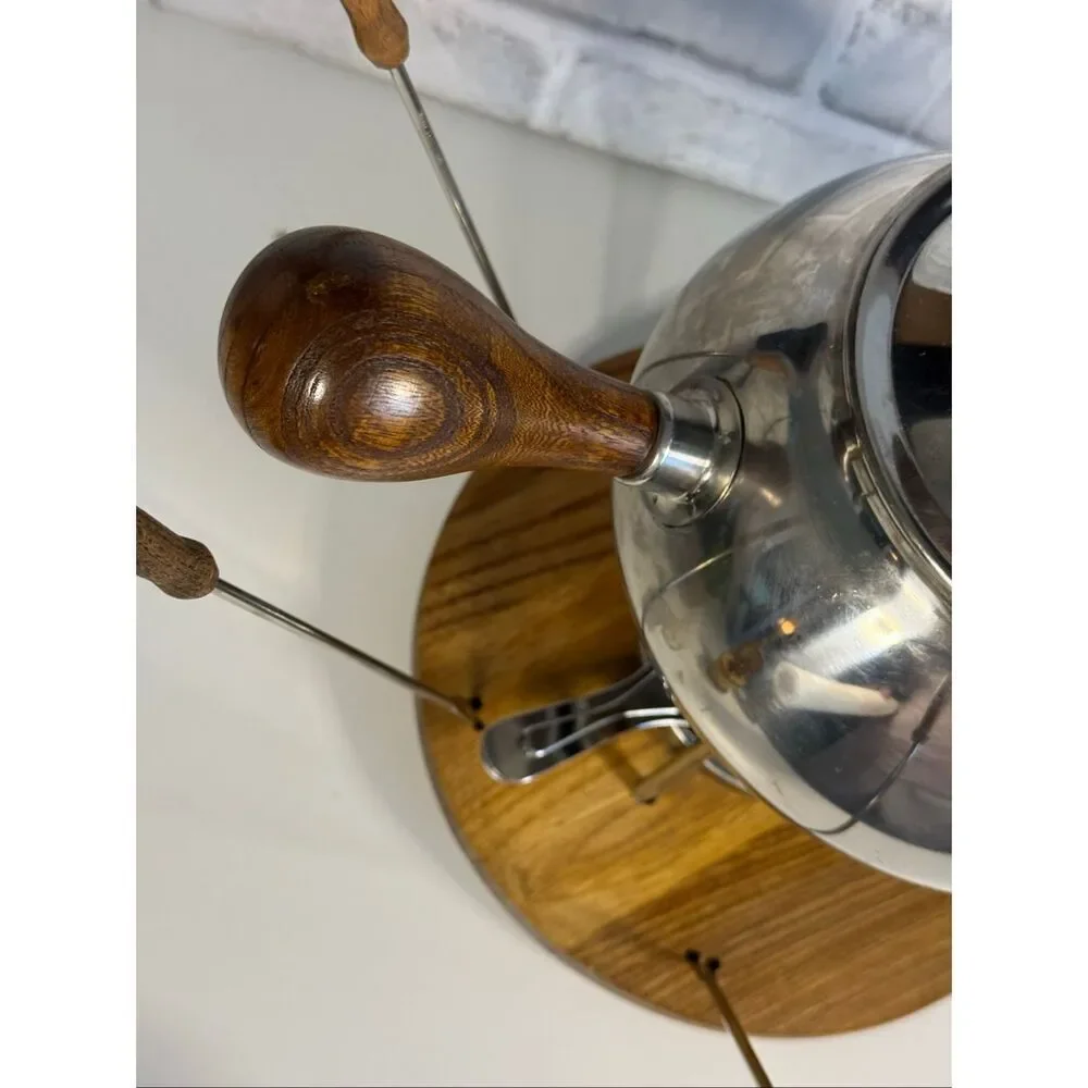 Vintage MCM Fondue Set 18/8 Stainless Steel Wood Mint Condition